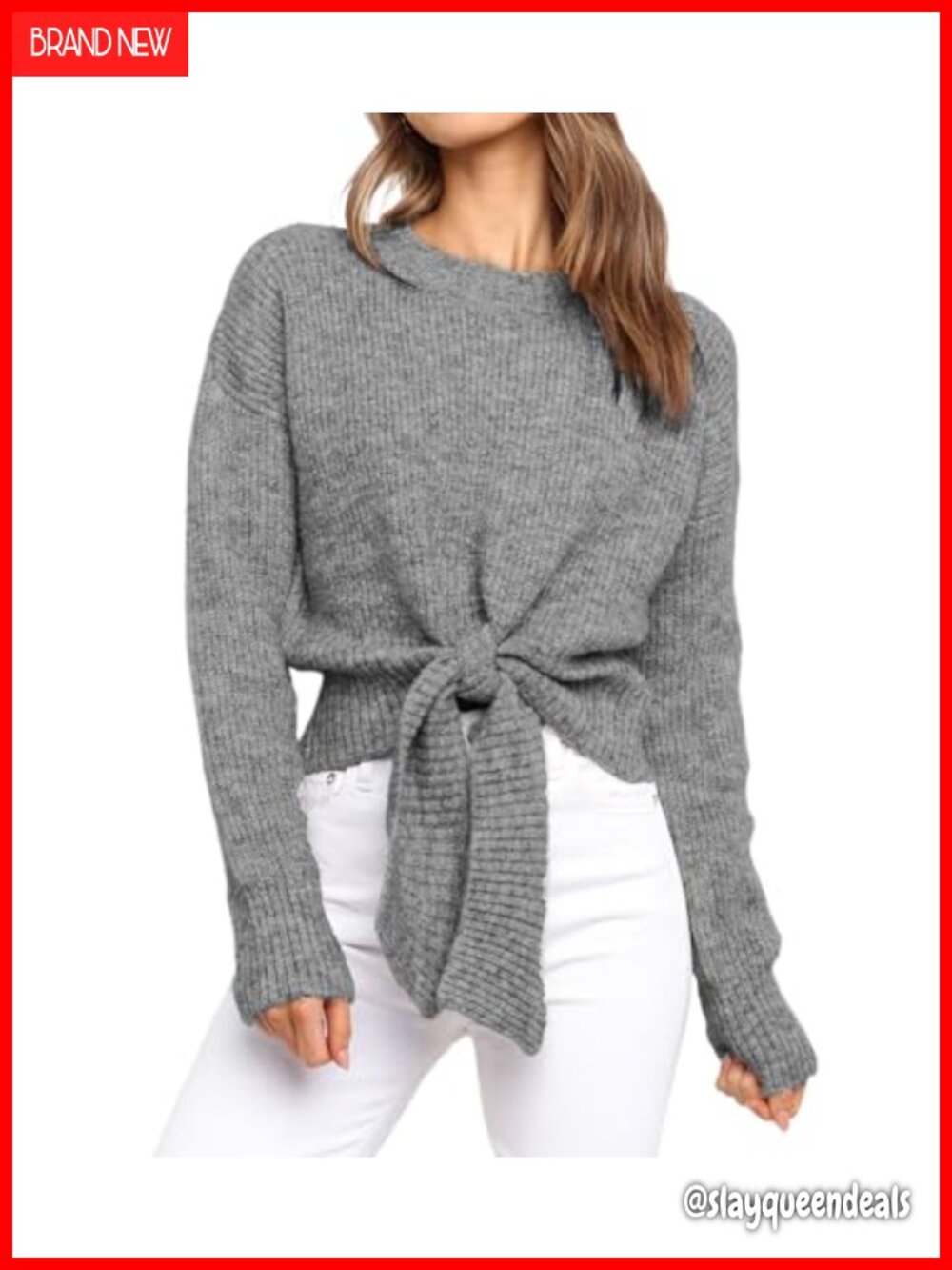 Womens Cable Knit Crop Sweater Crew Neck Tie Front Long Sleeve